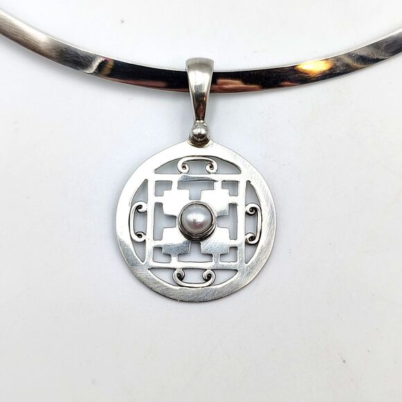 Vintage Sajen Sterling Silver 925 Pearl Oriental Pendant With Torque Necklace